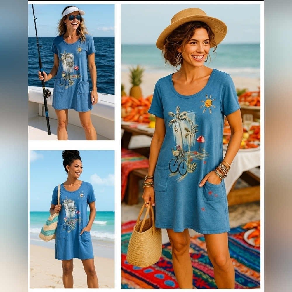 Jess & Jane Casual Blue Beach Washed Pockets Tee Shirt Dress Soft Comfy Vacation